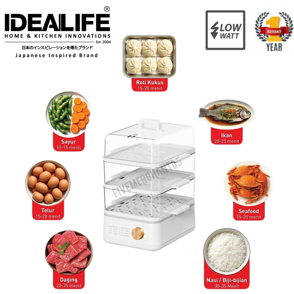 Food Steamer Idealife FS 1801 18 Liter 3 Layer Pengukus Makanan Warmer 3 Tingkat White Low Watt Peng