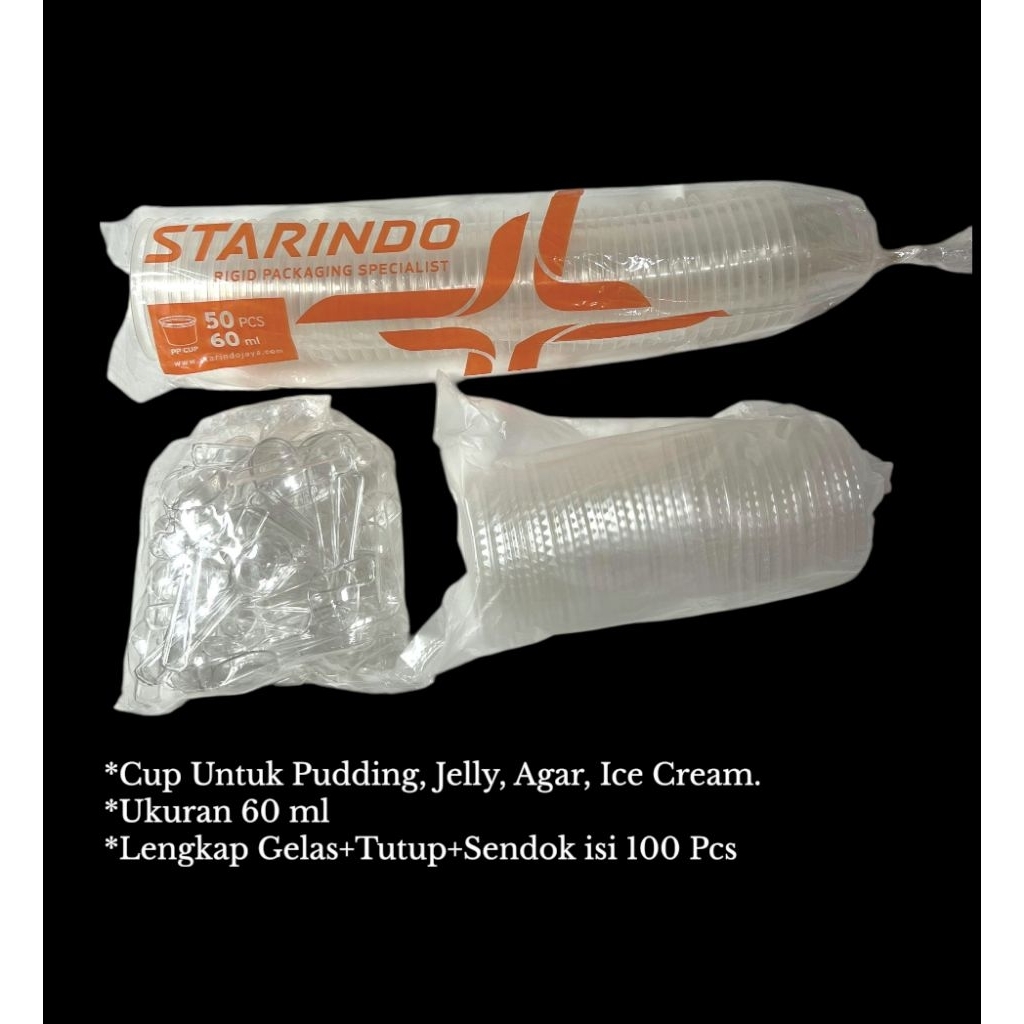 Cup Plastik Bening 60 ml/ Cup Pudding / Ice Cream / Jelly dan Agar/ Lengkap (Gelas+Tutup+Sendok isi 