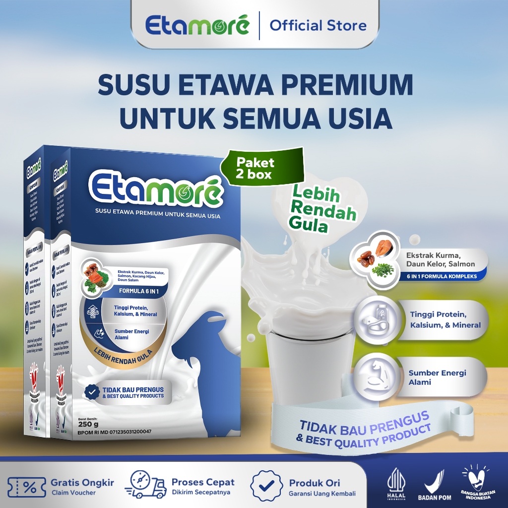 

Etamore 2 Box - Goat Milk Susu Etawa Premium Mengandung Daun Kelor Salmon Kurma Membantu Mengatasi Asam Urat Rematik Nyeri Sendi Sesak Nafas dan Asma