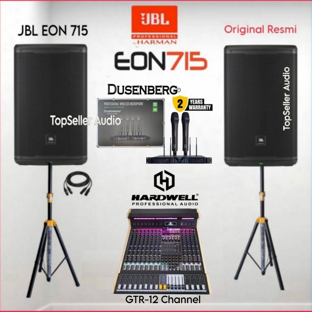 Paket Sound System Speaker Aktif JBL EON 715 Original Mixer Hardwell GTR-12 Channel Usb Rekam Mic 2 