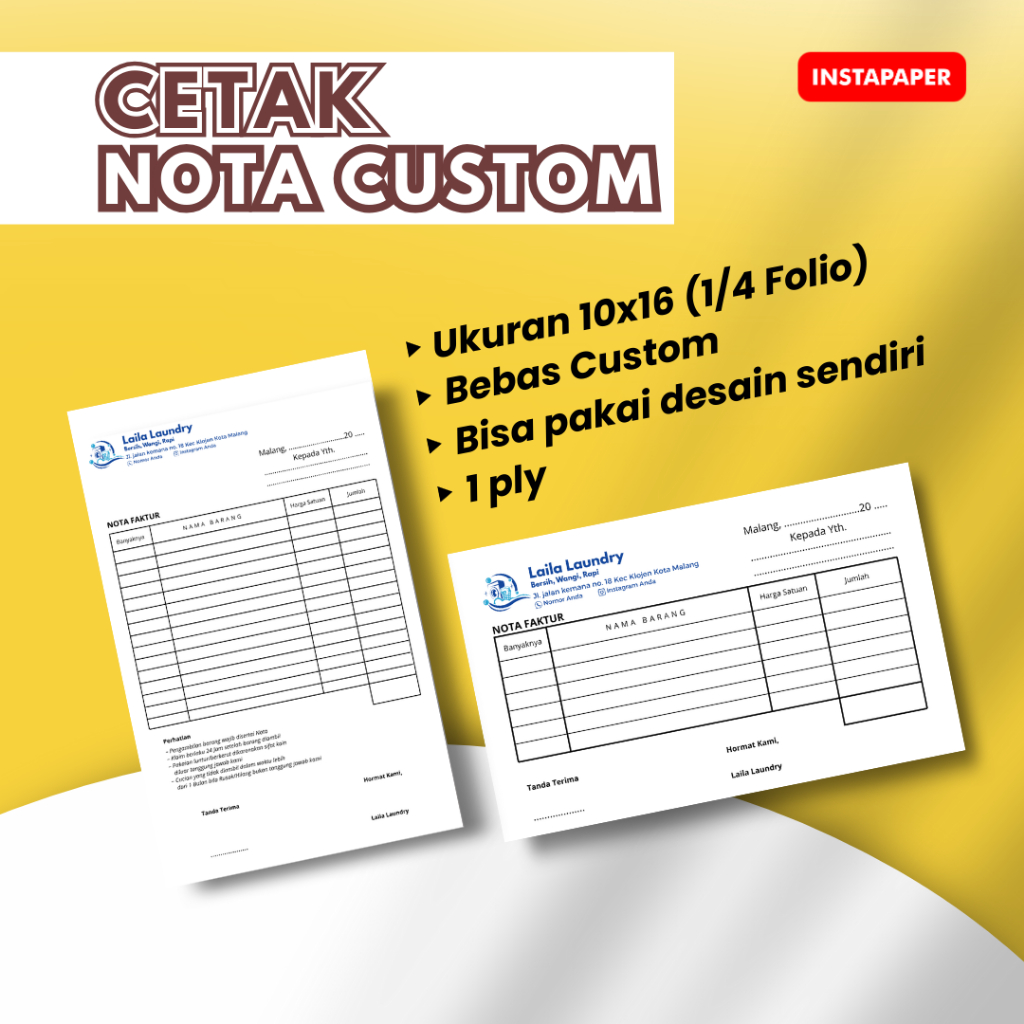 Cetak Nota Custom 1/4 Folio, Nota laundry, Nota Makanan, Nota Persewaan
