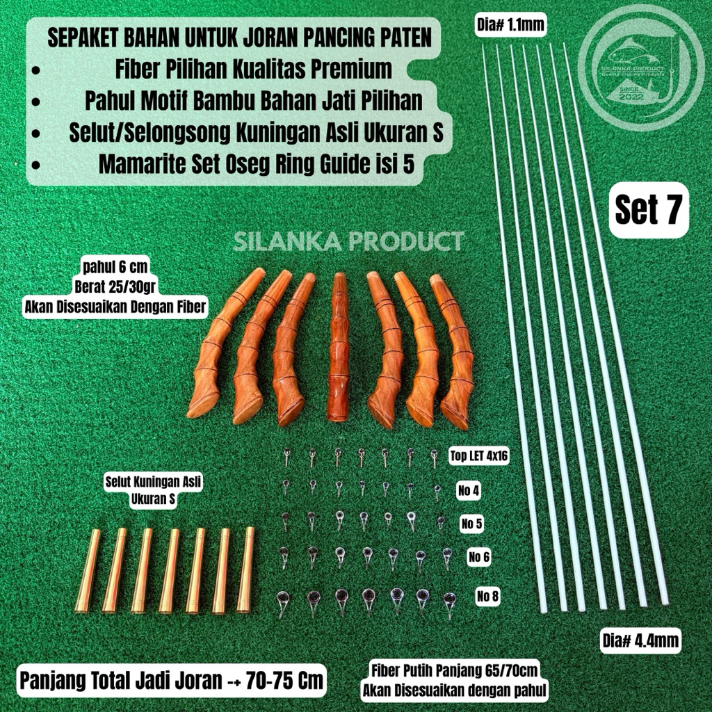 Sepaket Bahan Joran Pancing Paten Selut kuningan asli, U/Jerpon 70-75cm fiber Bening