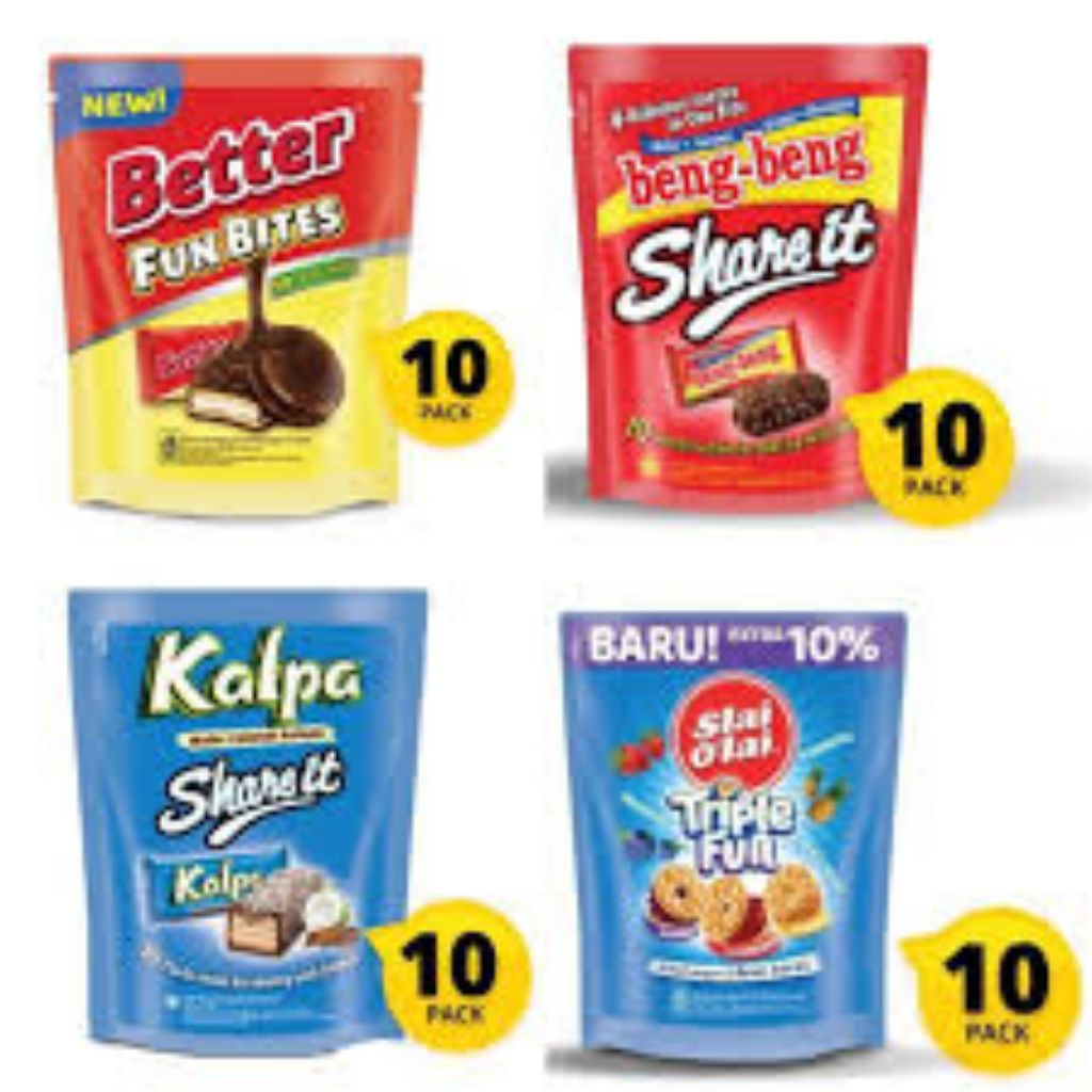 

Aneka Snack Makanan Biskuit, Wafer, Bersalut Coklat dan Wafer Stick Share-it Pouch
