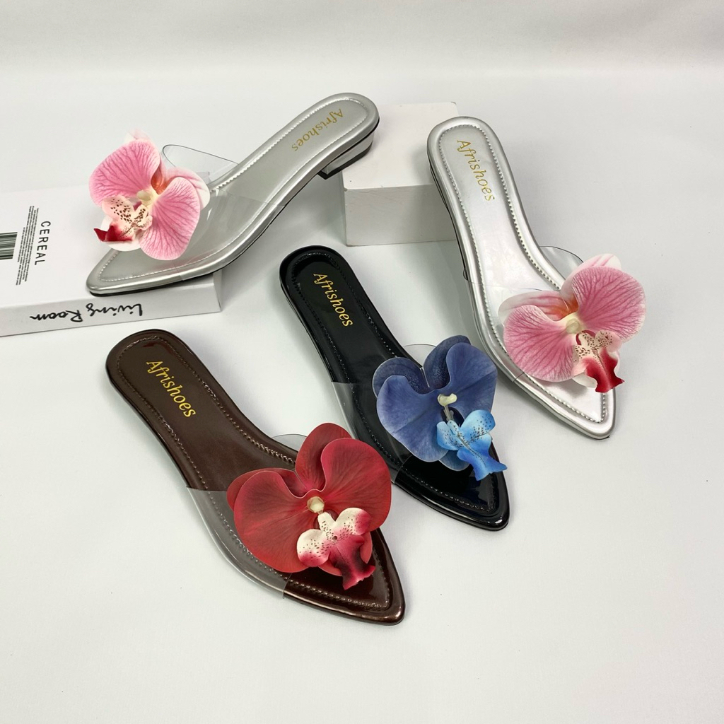 Afrishoes  Shaina Sandal Heels Wanita Orchid Model Tahu Hak 3cm Bunga Anggrek Ujung Lancip