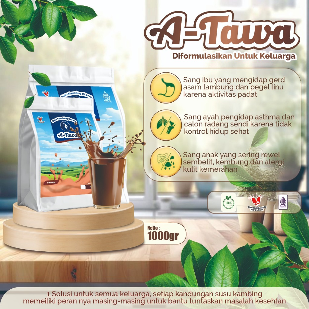 

Susu Kambing Etawa Kemasan 1kg Rasa Coklat - A-Tawa - Mengobati sesak nafas dan masalah sendi