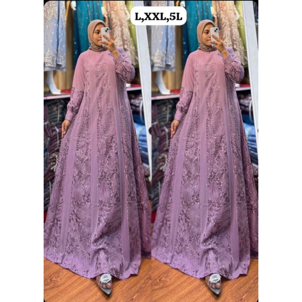 GAMIS WANITA TERBARU MODEL PECAH 8 DRESS PESTA MEWAH ELEGAN BAHAN CERUTY PAYET MIX BROKAT IMPOR PREM