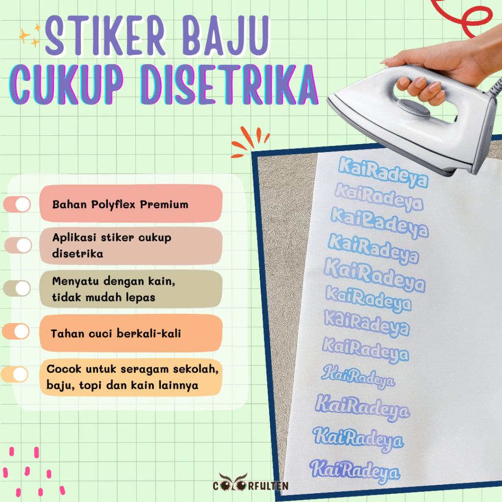 

Stiker Nama untuk Baju, Topi, Handuk – Polyflex Premium Disetrika – Sablon Baju - Variasi Outline
