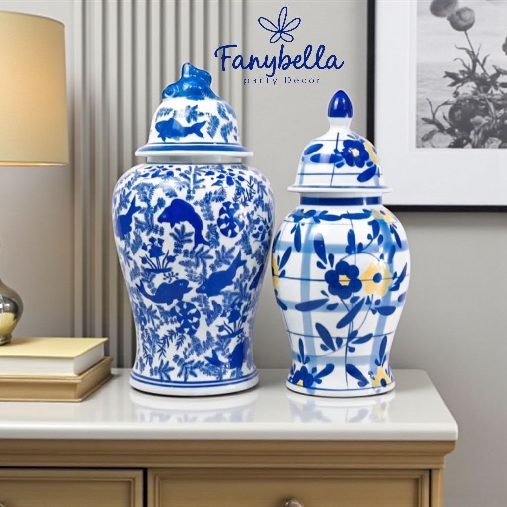 Toples China Keramik Tochin China Vas Bunga Keramik Guci Biru Putih ukuran 40Cm Aesthetic Dekorasi R