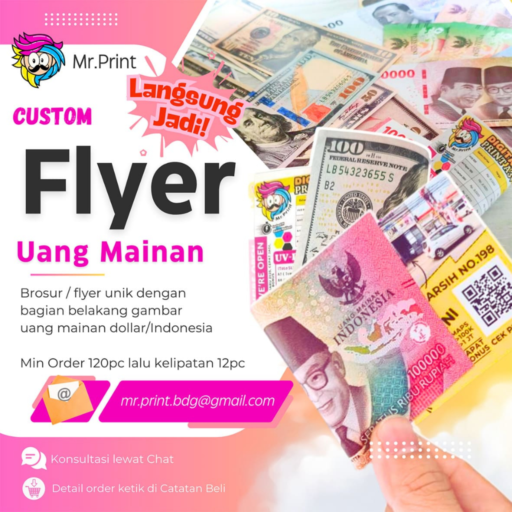 

Custom Flyer Brosur Uang Mainan Dollar Indonesia Play Money Brochure Kertas Promo Iklan Lucu Unik