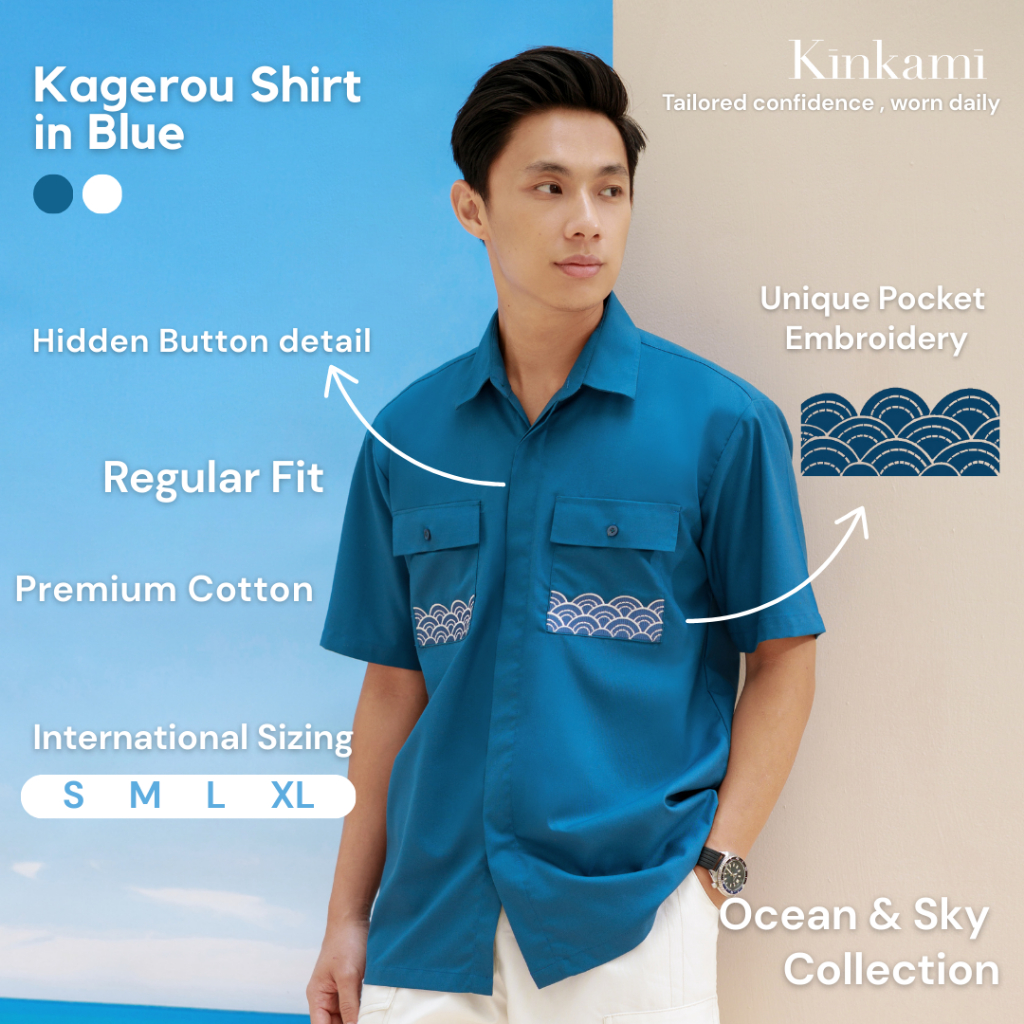 Kemeja Pria Lengan Pendek Premium Bordir | KAGEROU Ocean Blue Shirt by Kinkami