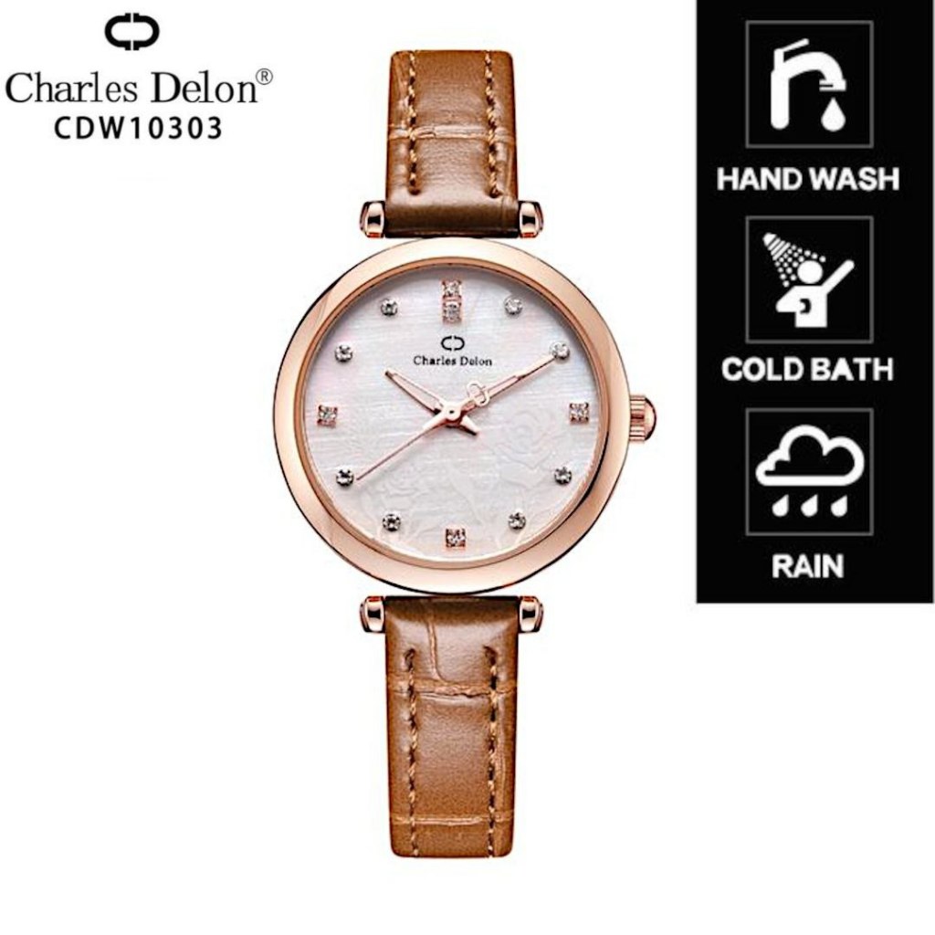 JAM TANGAN WANITA ORIGINAL CHARLES DELON CDW10303 & CDW10301 (33MM) TALI KULIT SALE