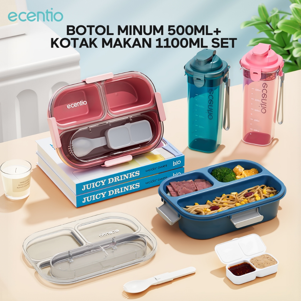 ecentio lunch box 2.0 anti tumpah 1100ml 3 gird anti tumpah + botol 500ml BPA tidak campur Bau wanit