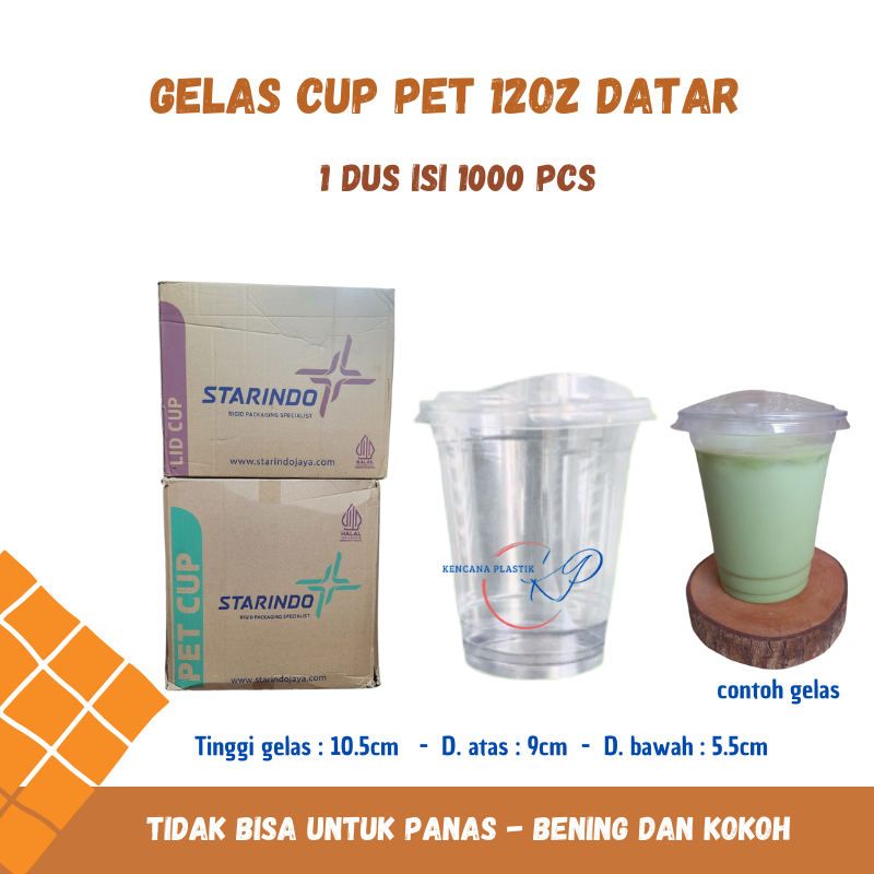 1 Dus Gelas Cup PET 12oz Datar Starindo l Tutup Cup Lid Strawless