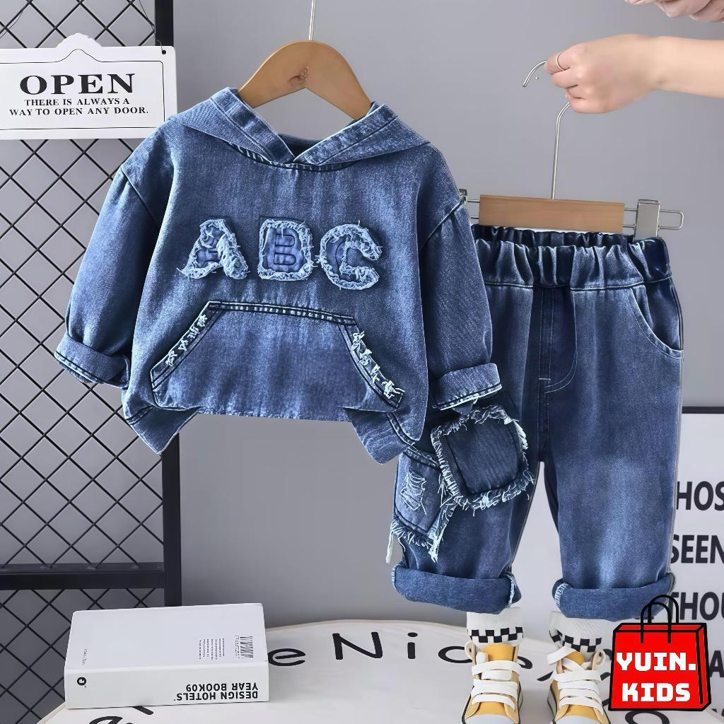 Setelan Denim Anak Laki-laki 1-5 Tahun Hoodie Anak Celana Jeans Panjang Kekinian Motif Abc