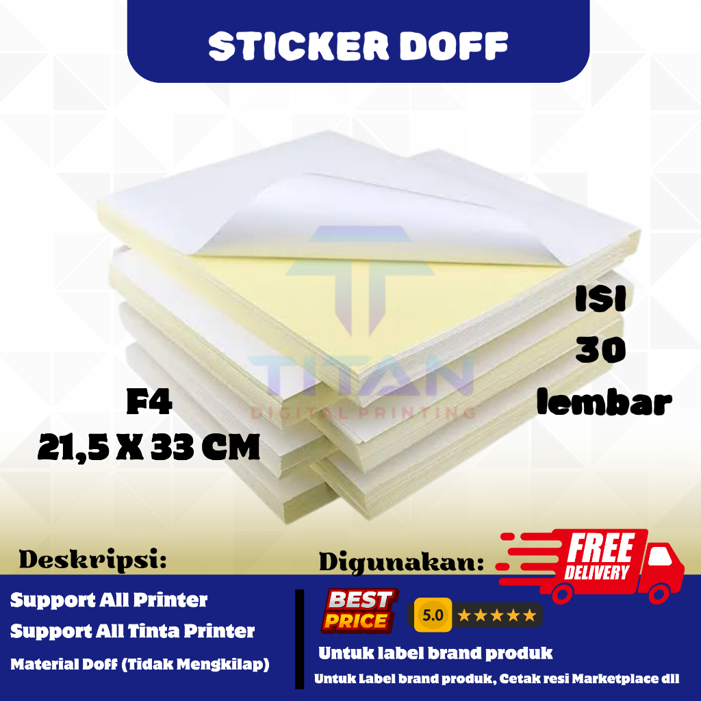 

Kertas Stiker F4 isi 30 lembar / Kertas Stiker F4 Doff / Kertas Sticker F4 Doff / Sticker Doff F4