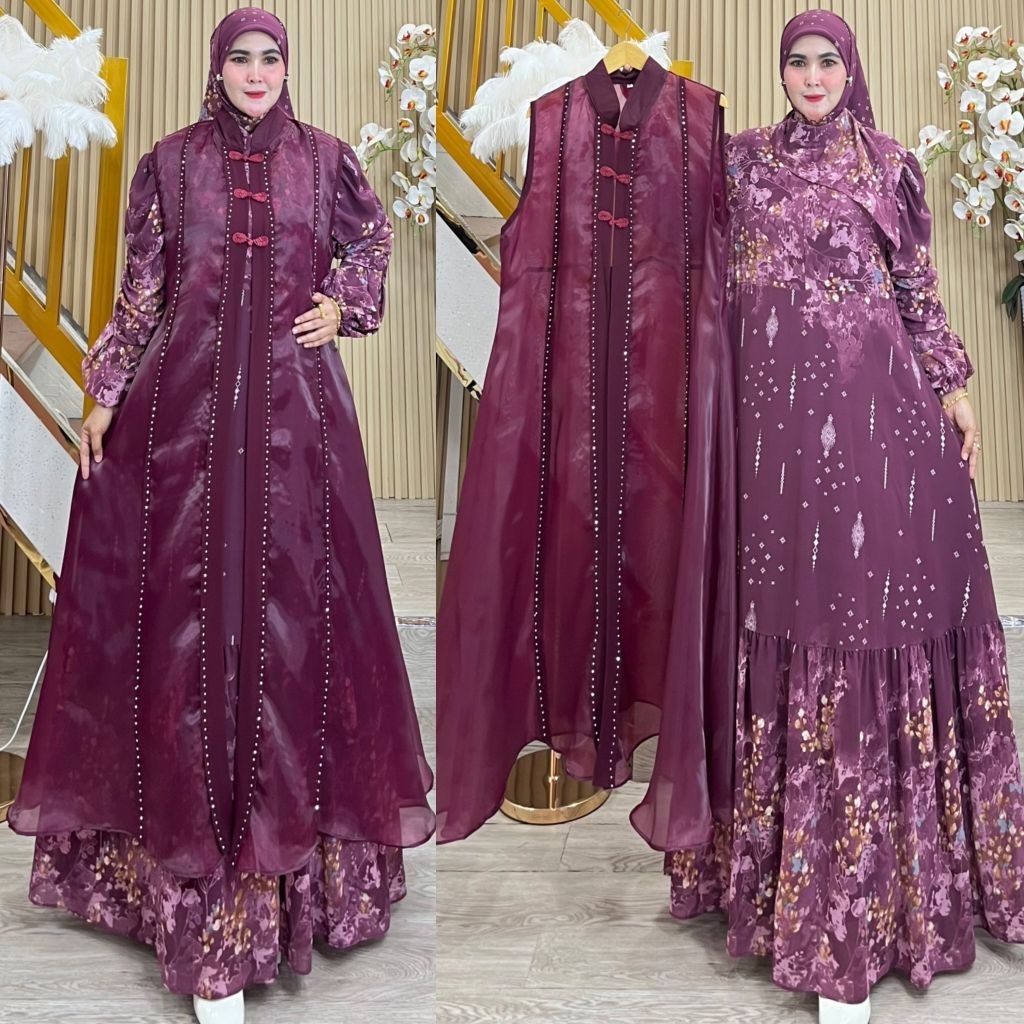 ZENINA SERIES BY HUMAIRA SYARI GAMIS CERUTY PRINTING PREMIUM OUTER CARDI ORGANZA SET JILBAB SCARF