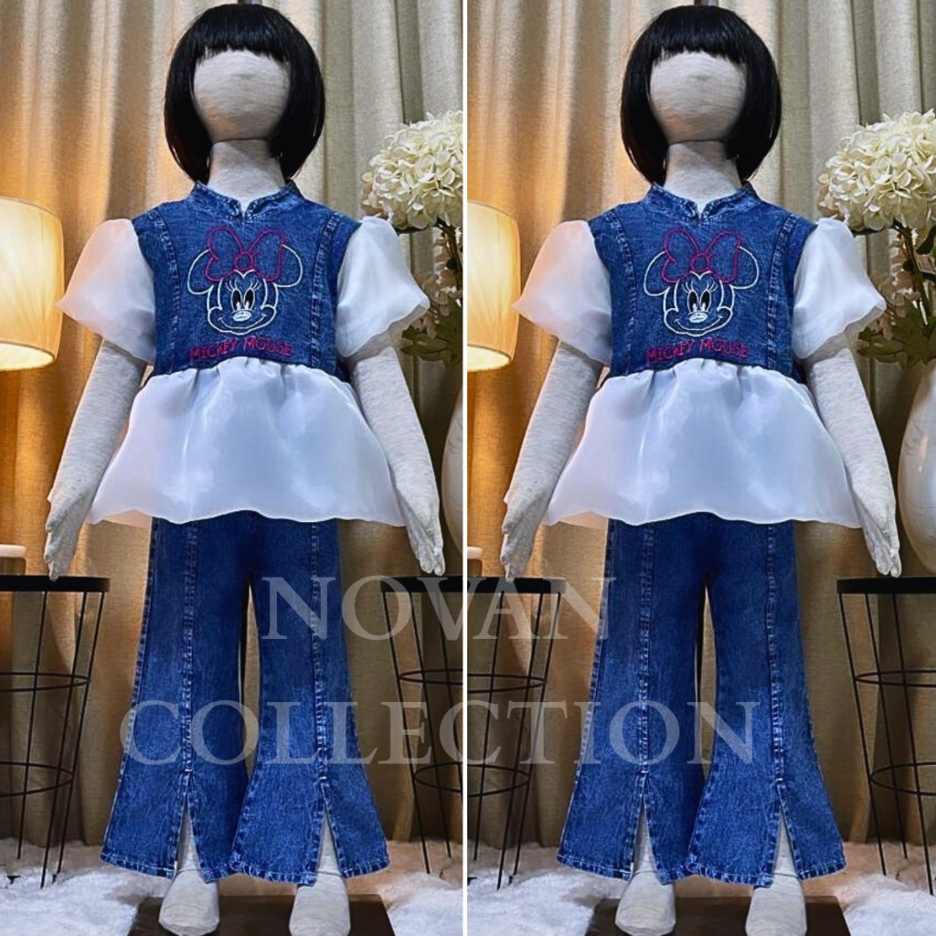 Setelan mickey mouse jeans anak perempuan mix organza terbaru 2025 usia 3 - 12 tahun set levis anak 