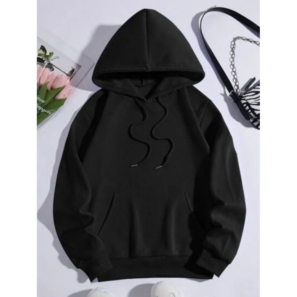 Hoodie Sweater Polos Hitam Oblong Cotton Fleece Premium Tebal