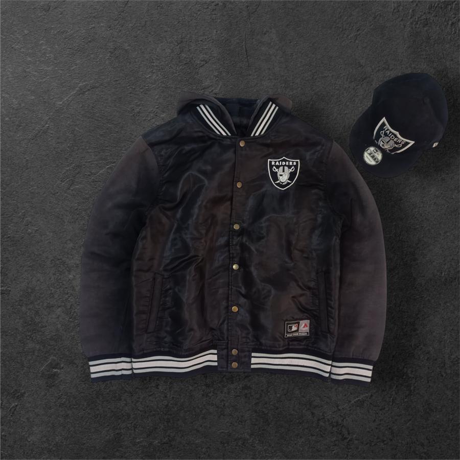 Vintage MLB NFL Varsity Hoodie Raider by Majestic Athletic Satin Black Size XL