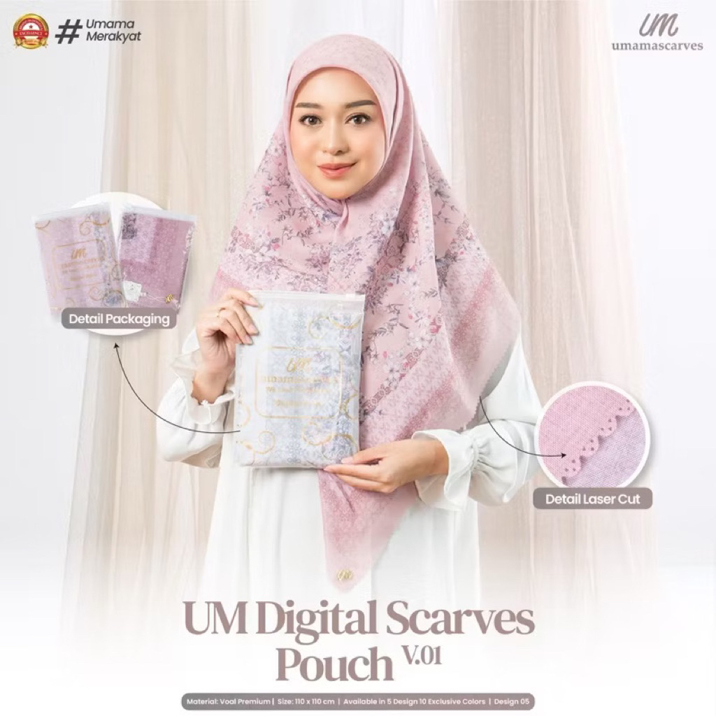 Umama Digital Motif / Hijab Segi Empat Premium Tepi Laser Cut / Hijab Motif Umama Premium Pouch
