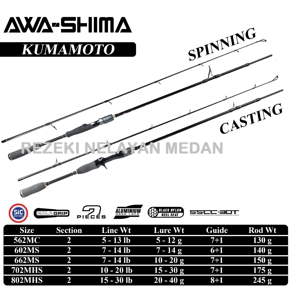 Joran AWA-SHIMA Kumamoto 562 / 602 / 702 / 802 | Joran Castingan Spinning dan Baitcasting Murah Berk
