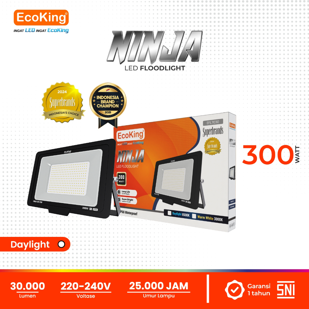 EcoKing Lampu Sorot LED Flood Light Ninja 300W Cahaya Putih (NINJA-EFL7030DL)