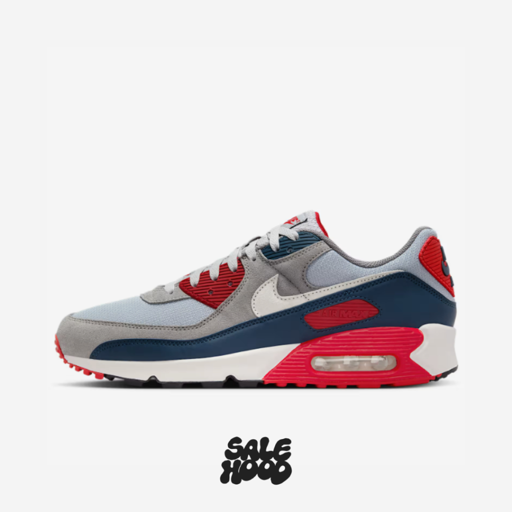 Sepatu Nike Air Max 90 Men's Shoes Light Smoke Grey/Armoury Navy/Fire Red/Phantom - DM0029-005