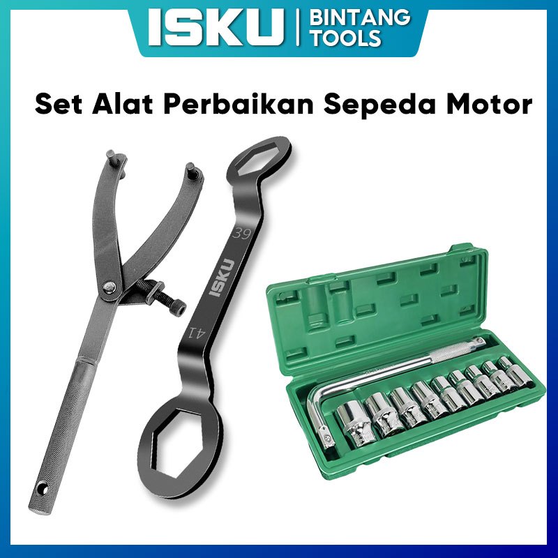 ISKU Paket Alat Bongkar CVT Motor Matic Treker Tahanan Kopling Kunci 39x41 Sok L Set 10 Pcs Kunci T 