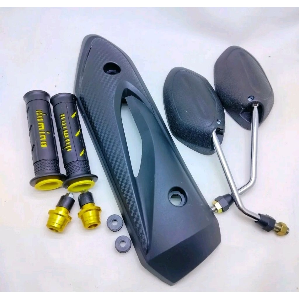 satu set handgrip sisik kuning + jalu stang kuning + spion beat tangkai chrome standar + cover knalp
