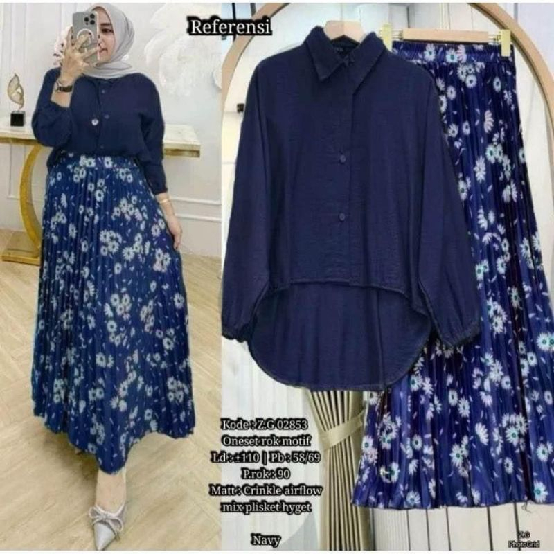 One Set Wanita Setelan Rok Plisket Atasan Blouse kringkle rok Motif Bunga Outfit Hijab Kekinian