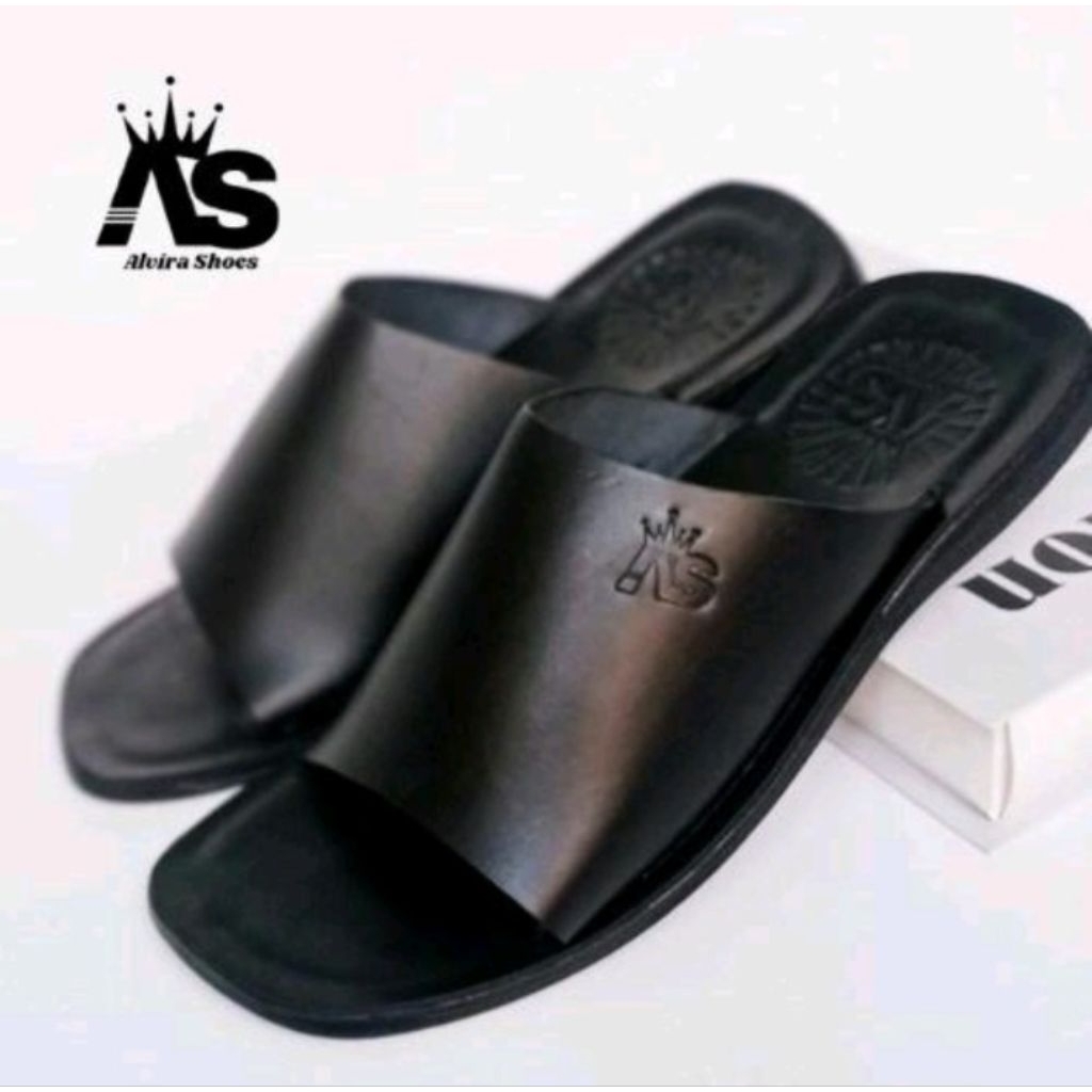AS//Sandal pria kulit sapi Asli 100% berkualitas sendal slop selop pria ready warna hitam coklat tan