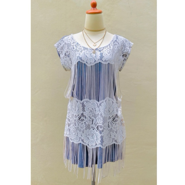 Dress mini pantai korean look model bohe bohemian ethnic etnik bahan kaos kombinasi renda lace rumba