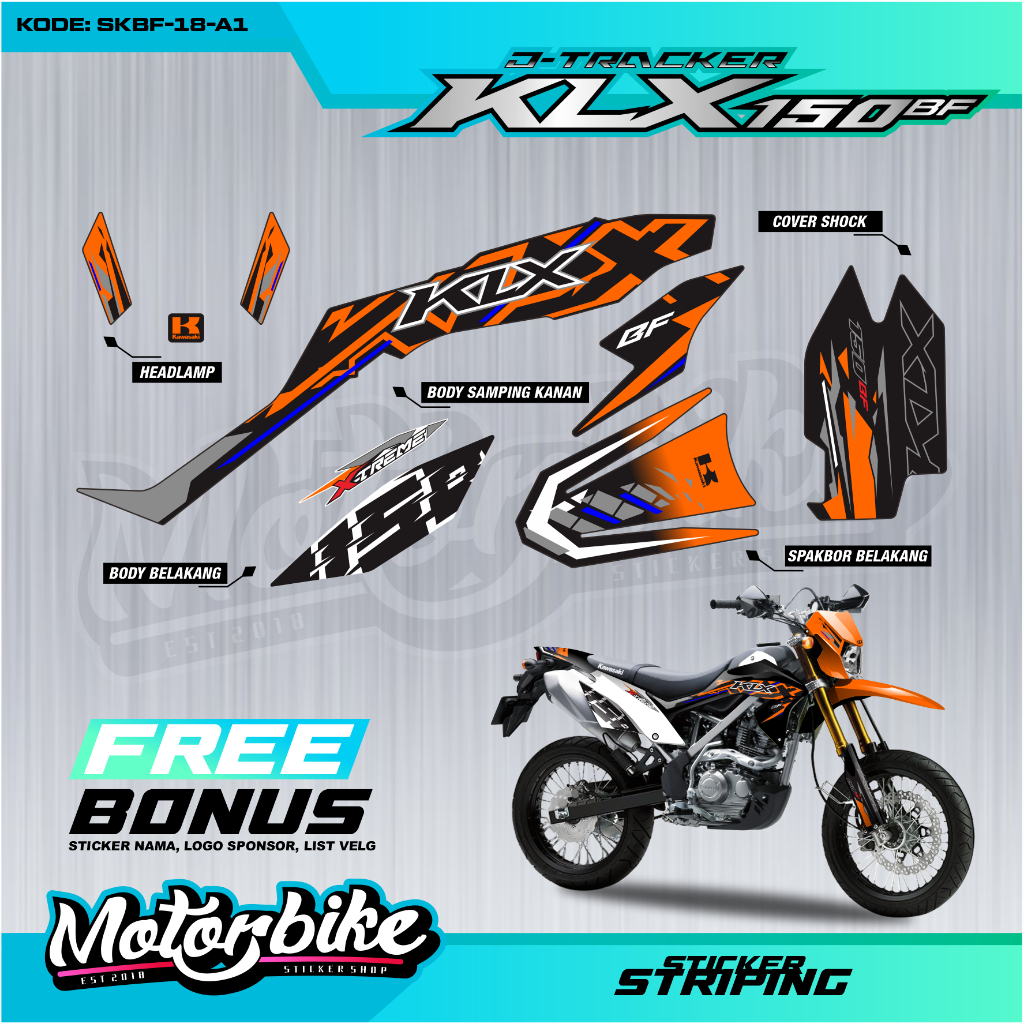 STRIPING KLX BF 150 BIG FOOT STIKER MOTOR KLX KAWASAK1 SET FULLBODY KANAN KIRI STRIPING MOTIF WARNA 
