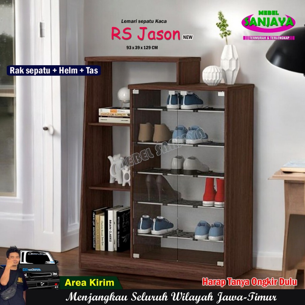 Lemari Sepatu Tas dan Helm Multi Fungsi dengan 2 Pintu Kaca Full Papan Tebal Kualitas Mewah Halus