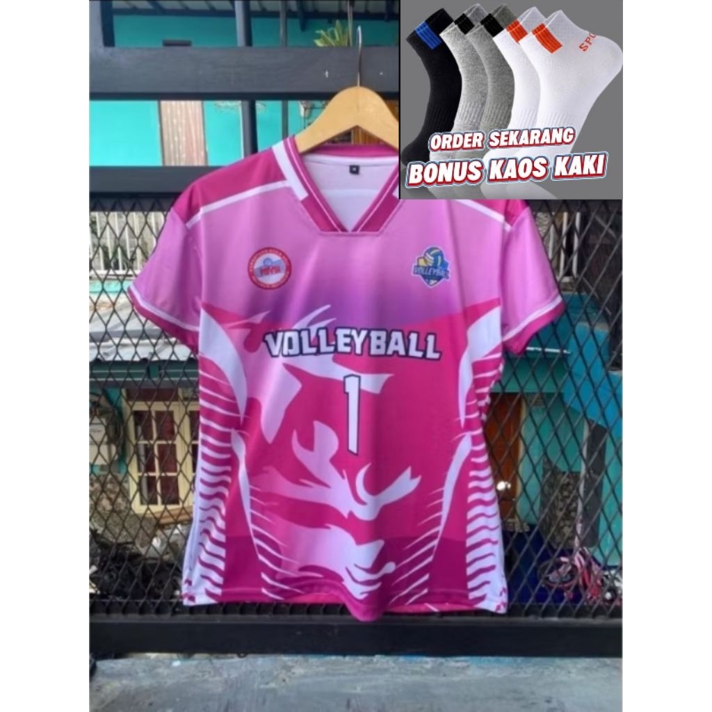 Pusat Jersey Olahraga Voli Cewek Motif Pink Dry Fit