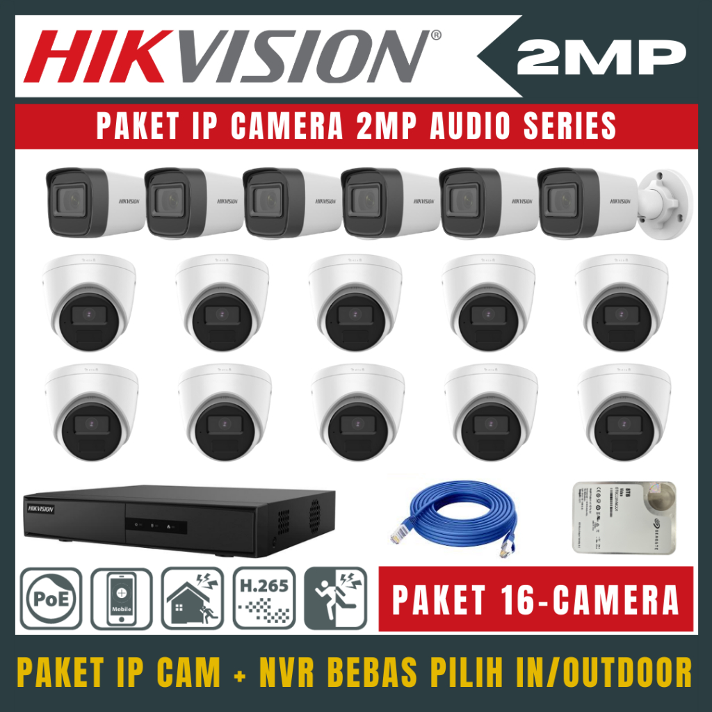 PAKET CCTV HIKVISION 2MP IP CAMERA 16 CHANNEL 16 KAMERA