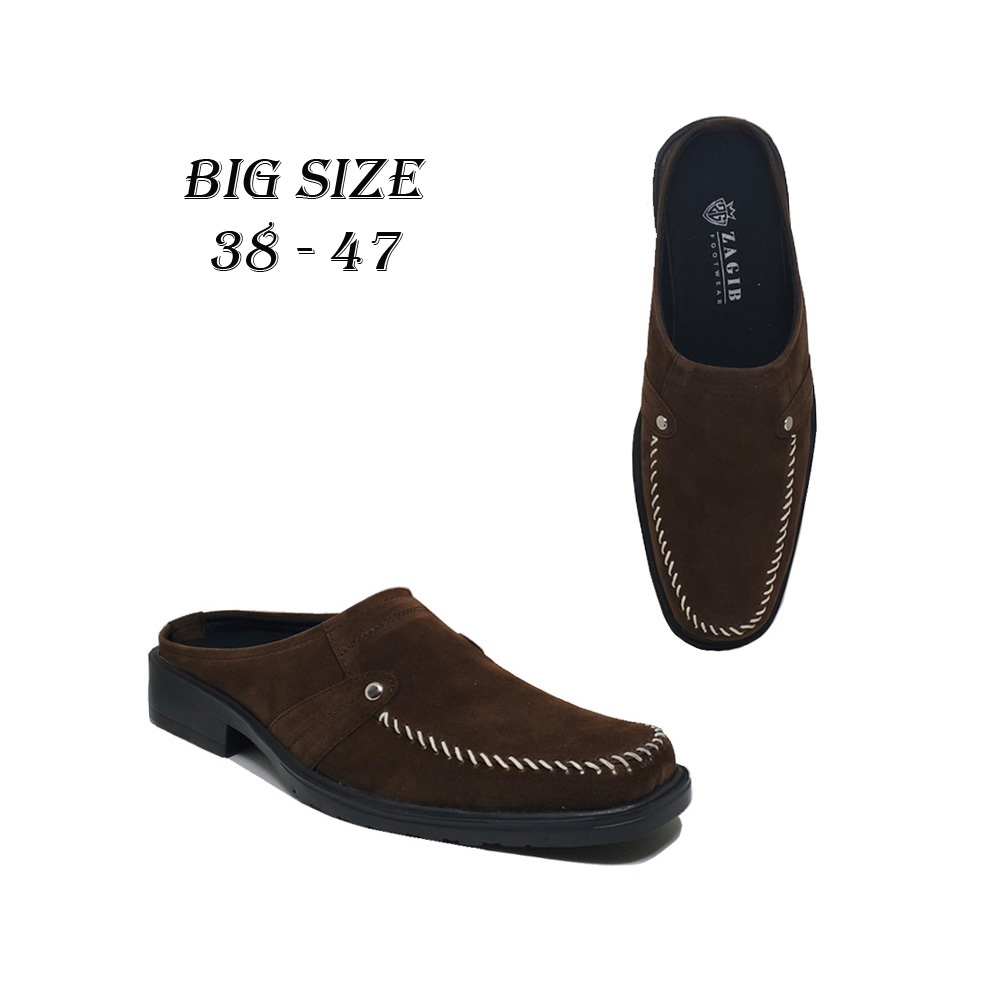 Sepatu Mules Pria Slip-on (BIG SIZE 38-47) Sandal Bustong Jumbo Kulit Suede Coklat Casual Formal