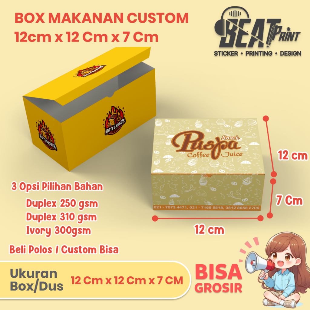 

Dus Kue Custom 12 x 12 x 7 cm | Box Snack | Kotak Kue | Kemasan Makanan | Kardus Custom | Beat Print