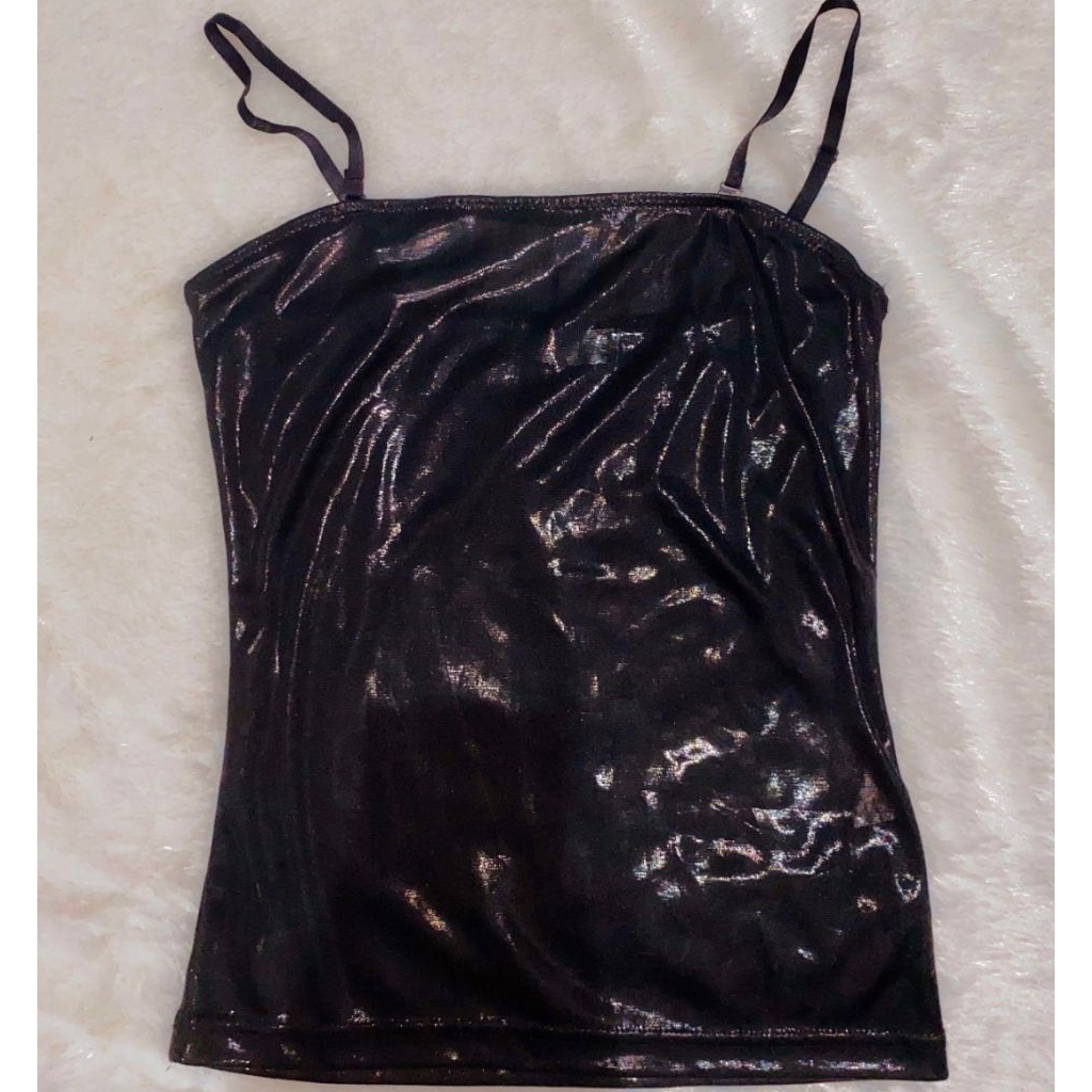 Tanktop Stretch Spandex Ketat Glitter Shinny Jet Black Hitam
