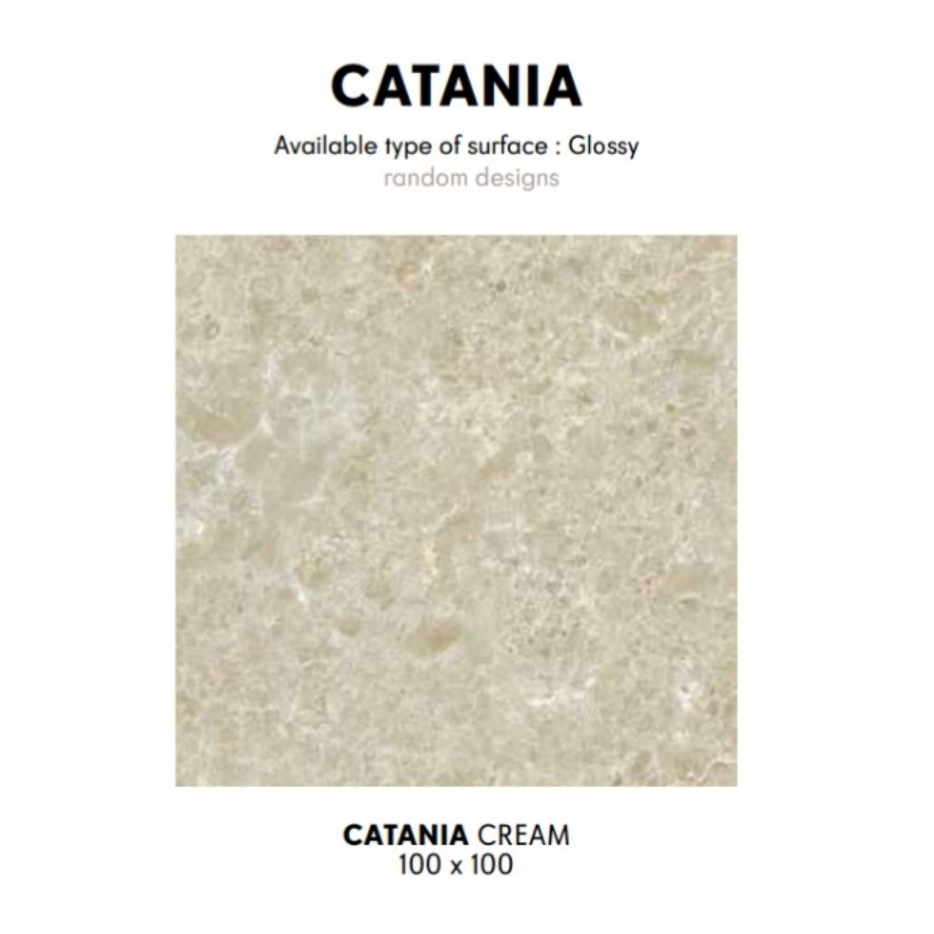 GRANIT MERK CATANIA CREAM UKURAN 100X100 PERMUKAAN TEKSTURE GLOSSY UNTUK LANTAI ATAU DINDING