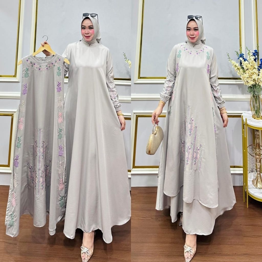 Gamis Bordir Set Hijab Plus Outer Terbaru Gamis katun Premium