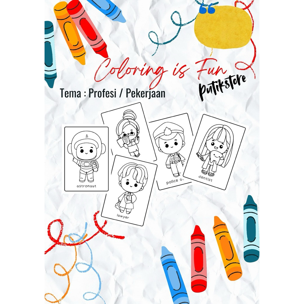 

TERMURAH!! 20 Lembar Mewarnai Tema Profesi / Pekerjaan uk A5 | Kertas Mewarnai untuk 3th+ | Kegiatan Anak