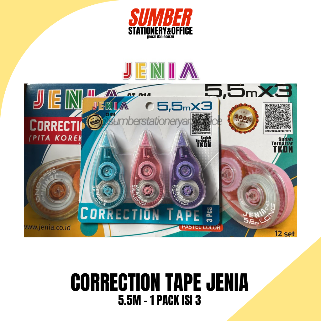 

Correction Tape Jenia 5.5 Meter - Tip Ex Kertas Covering [Isi 3 Pack] (J-CT-5)
