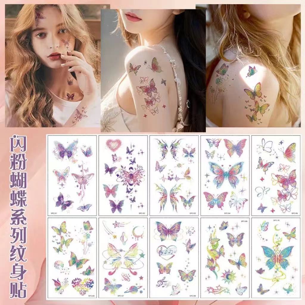 Stiker tato kupu-kupu berkilau berwarna  Tato Temporer Tahan Air tato keren tahan