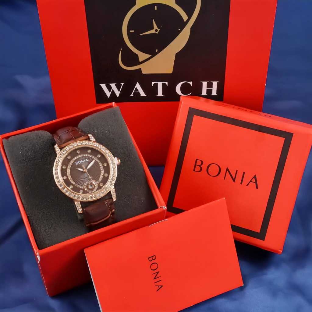 Jam Tangan Wanita Bonia Mata Mata Tali Kulit Tanggal Aktif Box Exclusive
