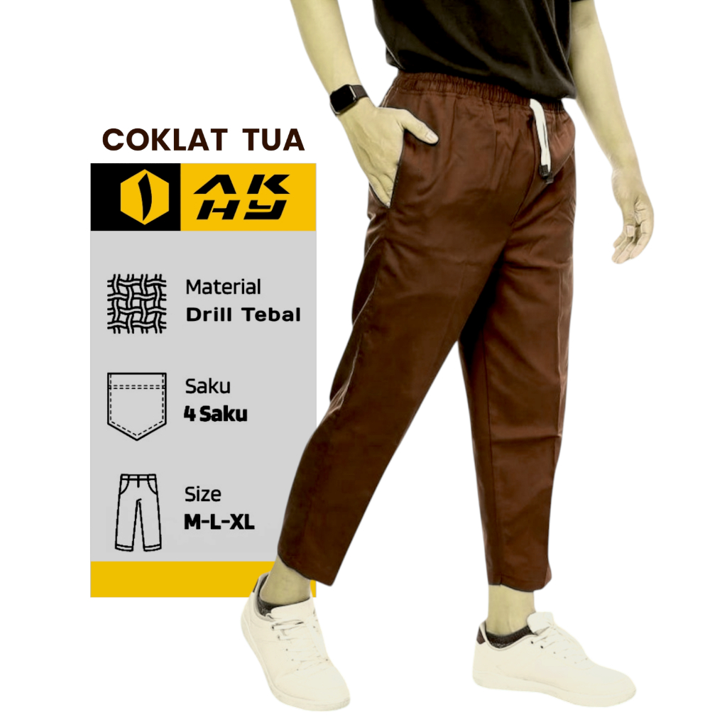 READY (COD) Celana Sirwal Pensil Pria AKHY Coklat Tua – Bahan Drill Tebal Adem 4 Saku (M–XL)