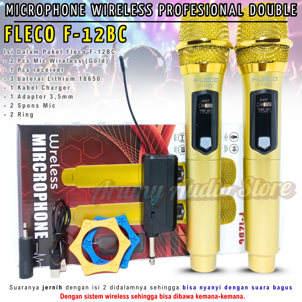Microphone Fleco F-12bc Tanpa Kabel ( Isi 2 Mic )| Double Digital Mic Wireless Microphone Metalic | 