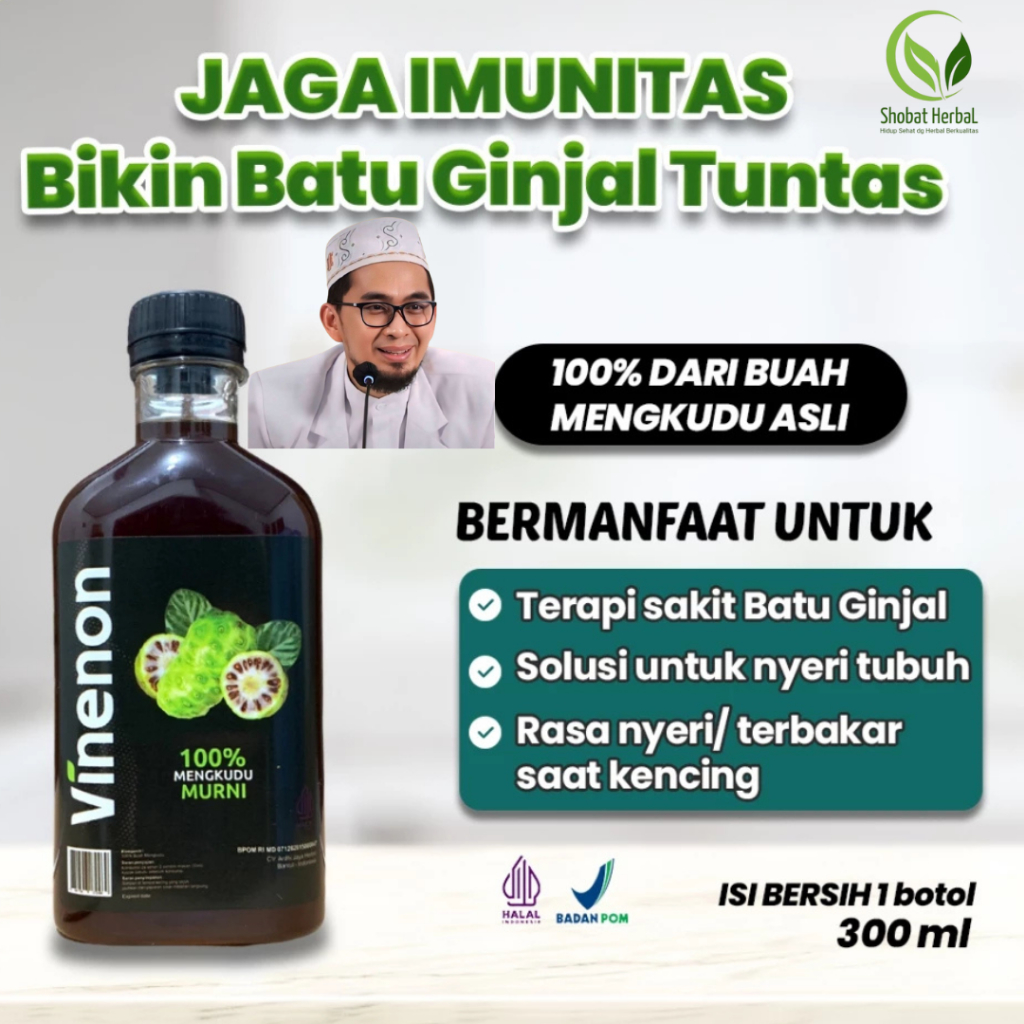 

Vinenon Cuka Mengkudu - Ampuh Hancurkan Batu Ginjal Tanpa Operasi- Asam Urat - BPOM - Halal