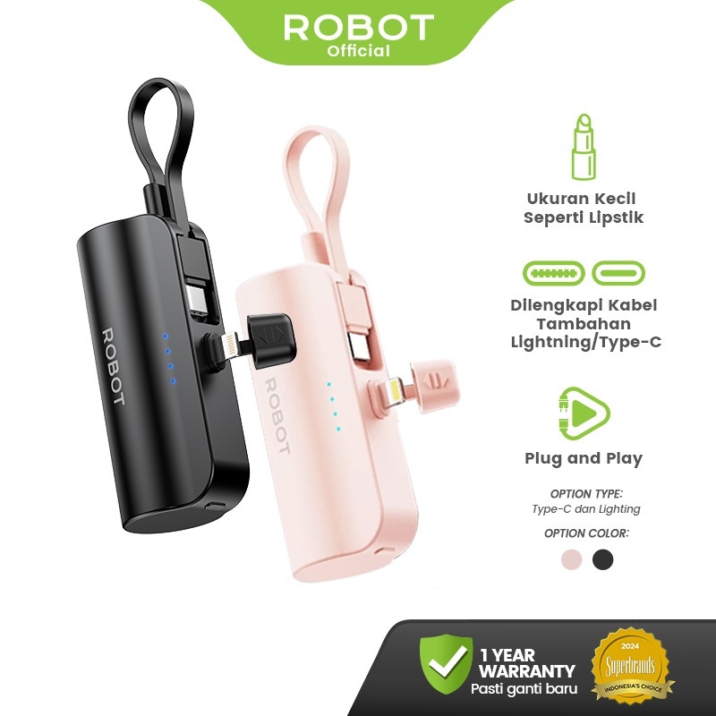[FOR LIVE] ROBOT Powerbank Mini Lipstick Size 4500mAh Kabel Terintegrasi Type C Lightning Fast Charg