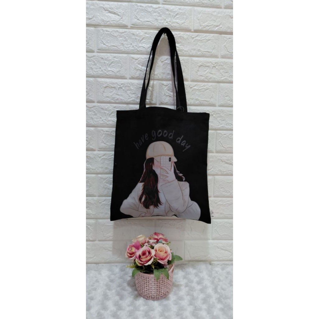 Totebag Kanvas Hitam // Tas Kuliah Wanita